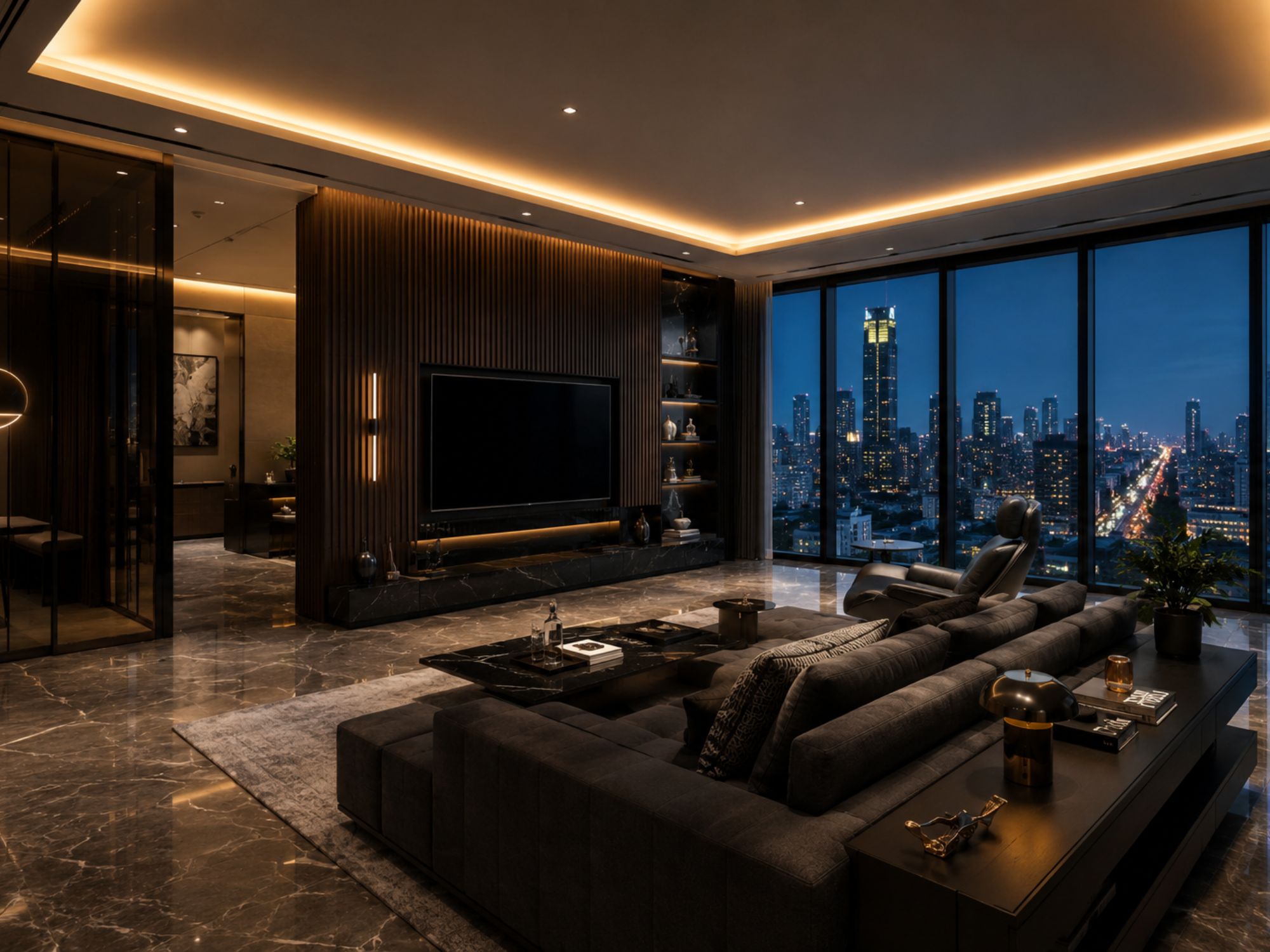 Arera Heights Penthouse living room, dark fluted wood panels and ambient profile lighting